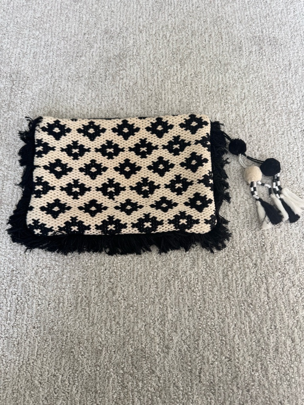 Shiraleah Black & Cream Woven Fringe Clutch with Tassel Detail